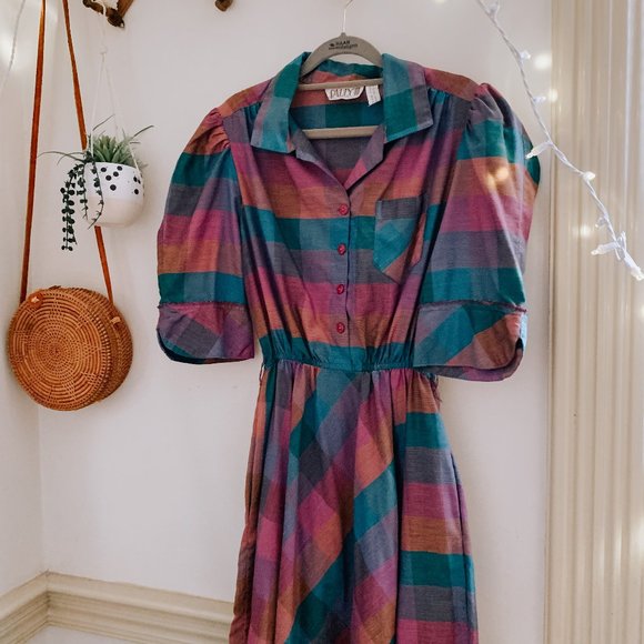 Vintage Dresses & Skirts - vintage sally III purple plaid maxi dress sz s · pockets · buttons
